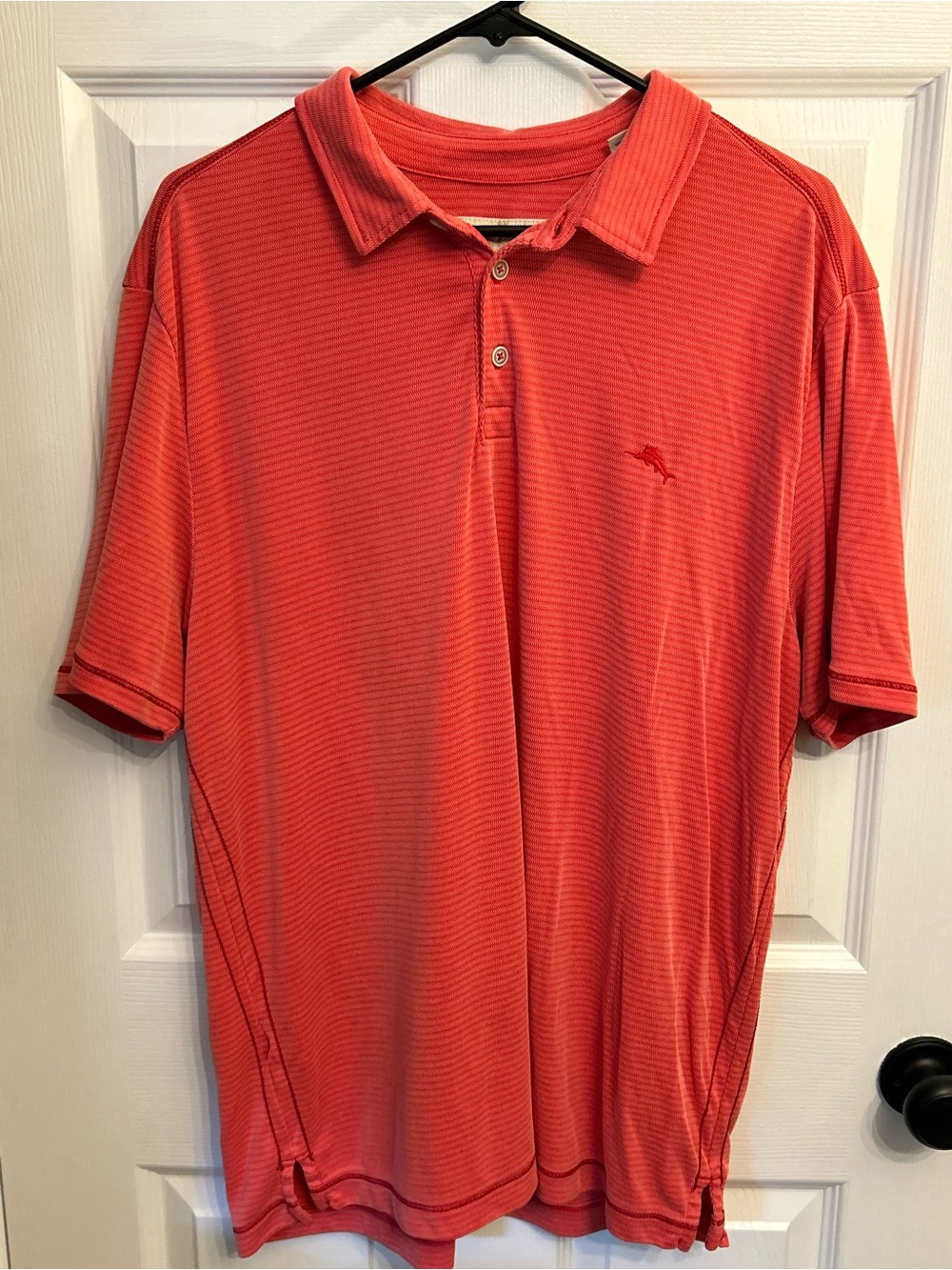 Tommy Bahama Coral Red Textured Stripe Polo Shirt Mens XL Marlin Logo